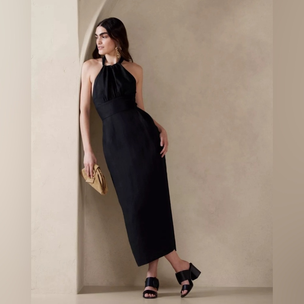 Banana Republic Lisa Linen Midi Dress Size 2P Halter Neck Black BNWT SOLD OUT!